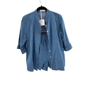 NWT Vita Grace Riviera Chambray Frill Sleeve Shirt and Short Set Chalk Blue L